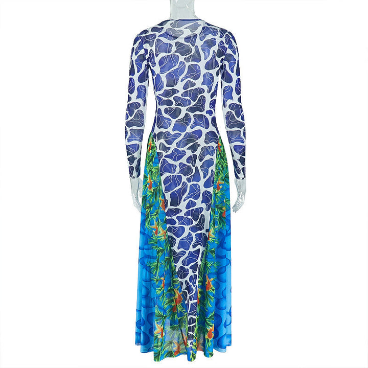 Long sleeve crewneck contrast print maxi dress  | Festival Outfits Women