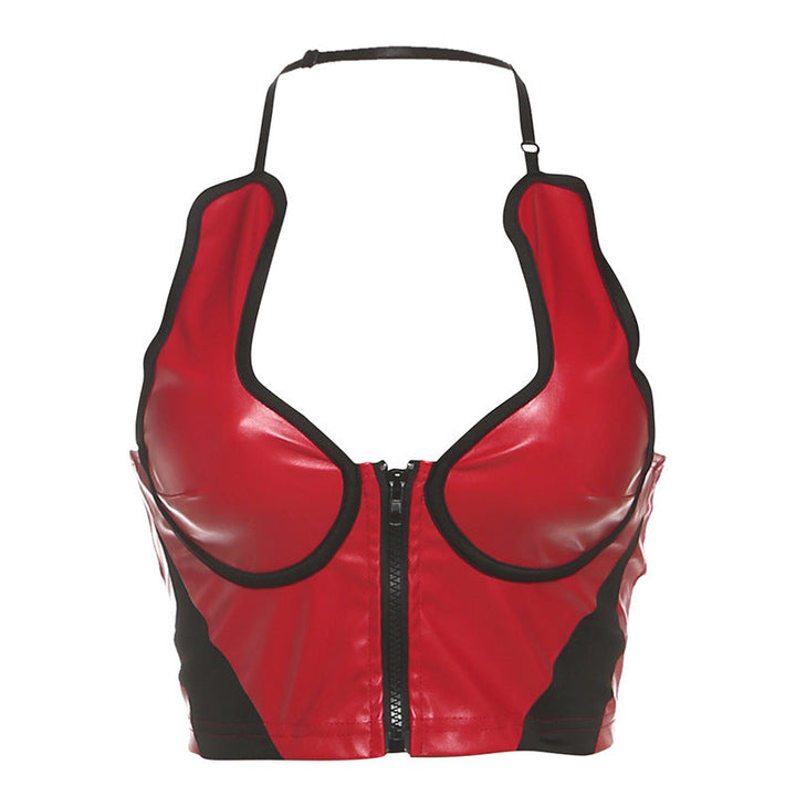 Halter zip-up v neck PU leather crop top  | Festival Outfits Women