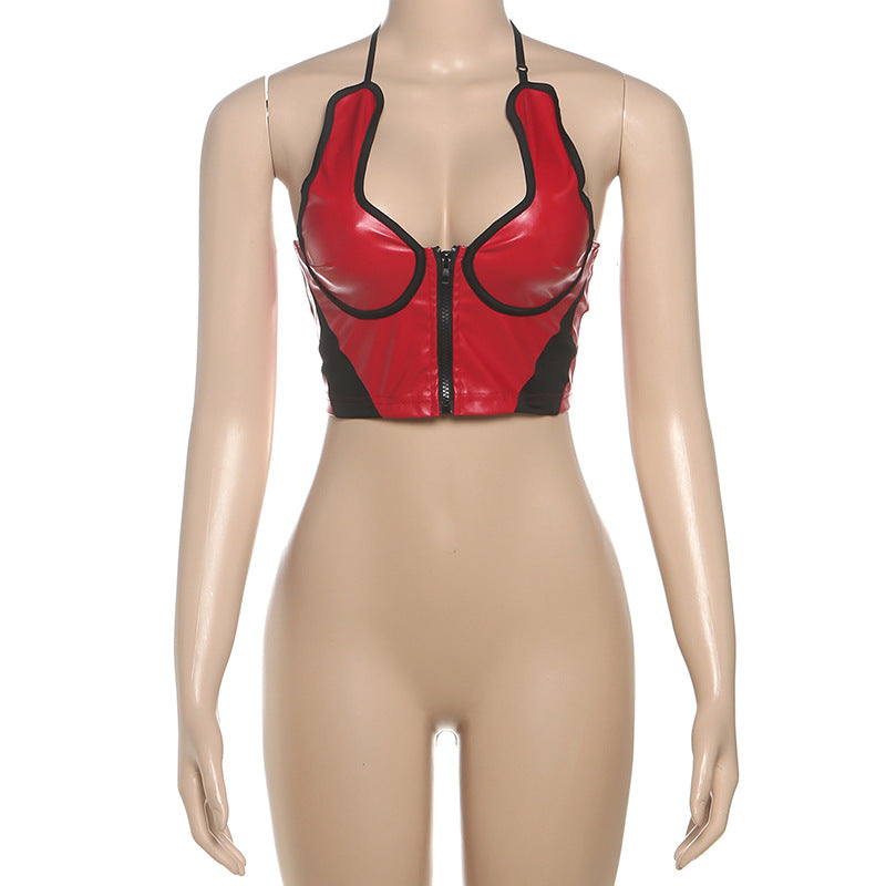 Halter zip-up v neck PU leather crop top  | Festival Outfits Women