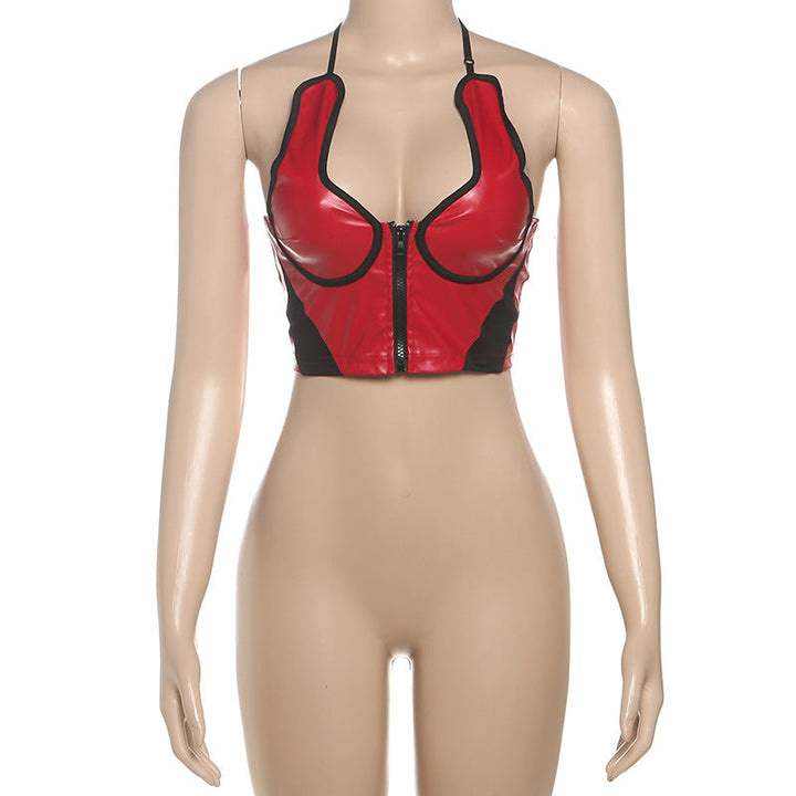 Halter zip-up v neck PU leather crop top  | Festival Outfits Women