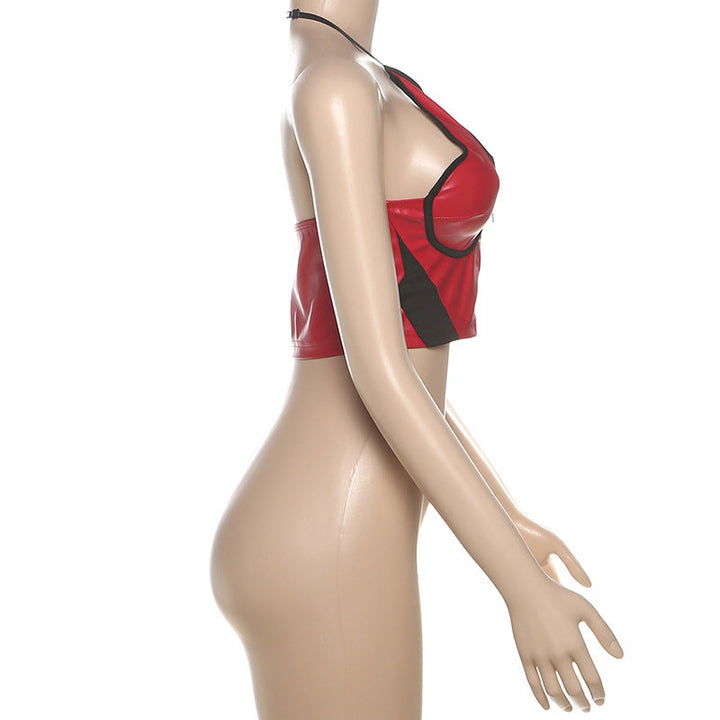 Halter zip-up v neck PU leather crop top  | Festival Outfits Women