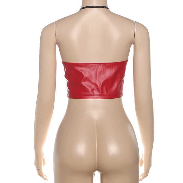 Halter zip-up v neck PU leather crop top  | Festival Outfits Women