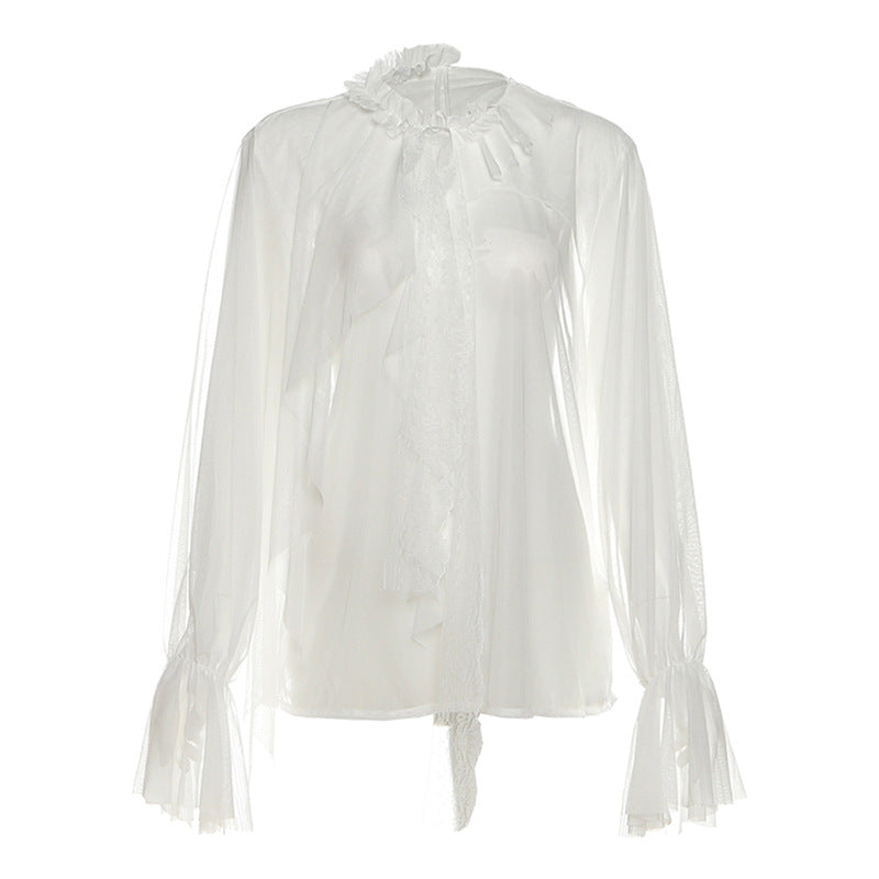 See through long sleeve ruffle crewneck top  | Festival Outfits Women