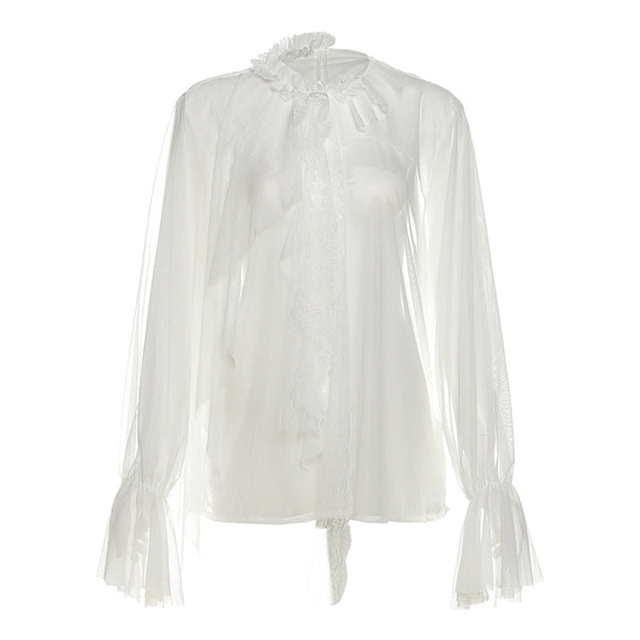 See through long sleeve ruffle crewneck top  | Festival Outfits Women