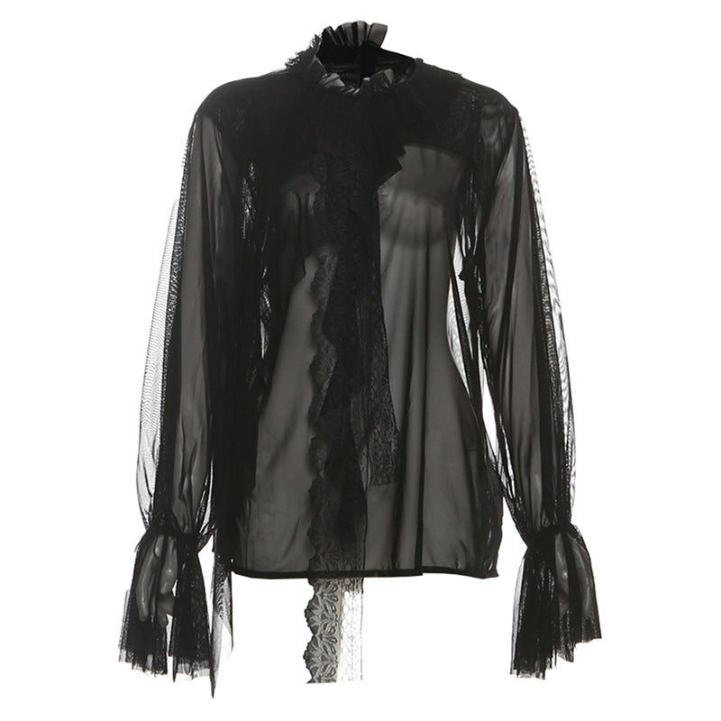 See through long sleeve ruffle crewneck top  | Festival Outfits Women