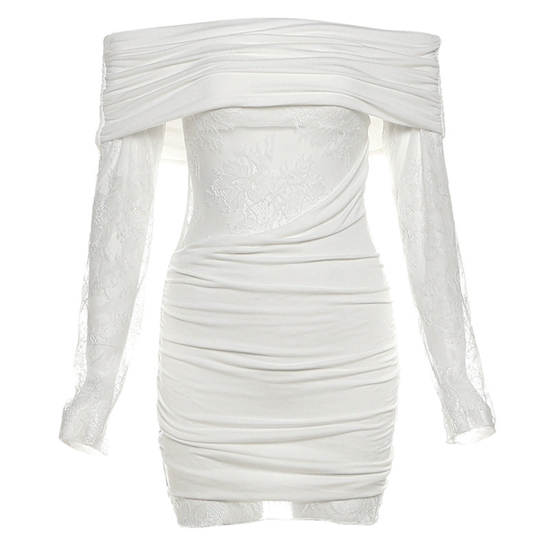Off shoulder long sleeve lace ruched mini dress  | Festival Outfits Women