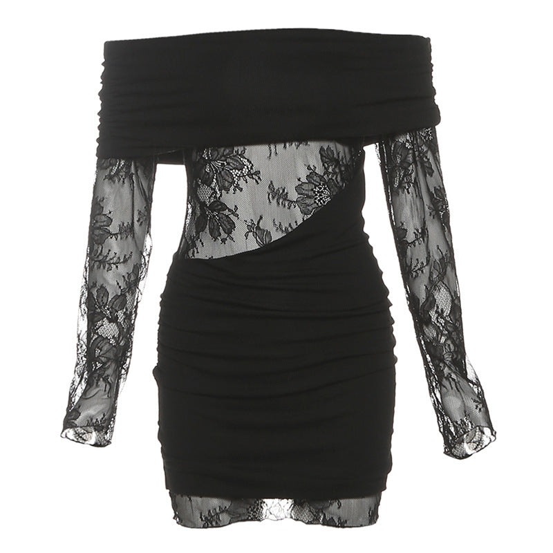 Off shoulder long sleeve lace ruched mini dress  | Festival Outfits Women