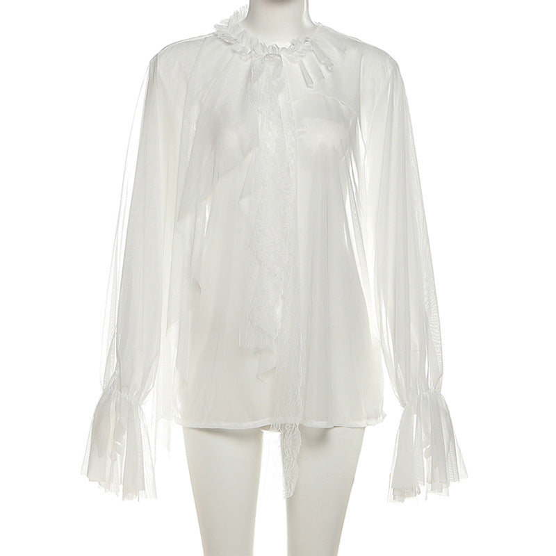 See through long sleeve ruffle crewneck top  | Festival Outfits Women