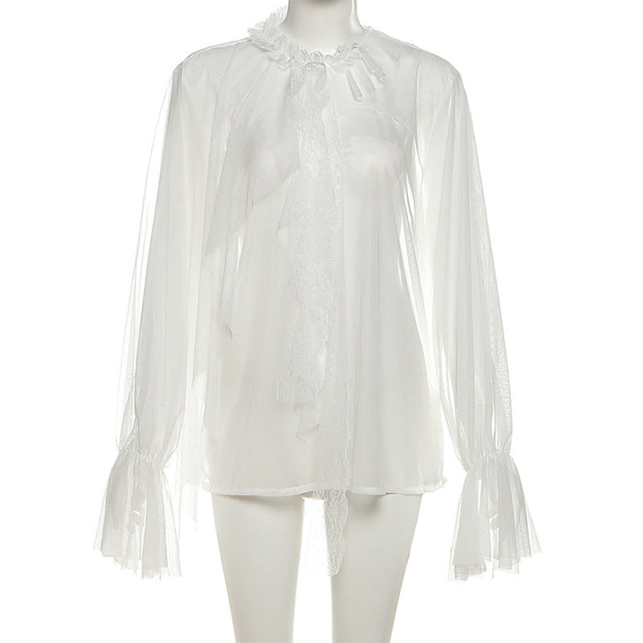 See through long sleeve ruffle crewneck top  | Festival Outfits Women