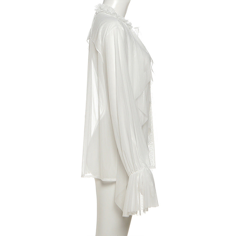See through long sleeve ruffle crewneck top  | Festival Outfits Women