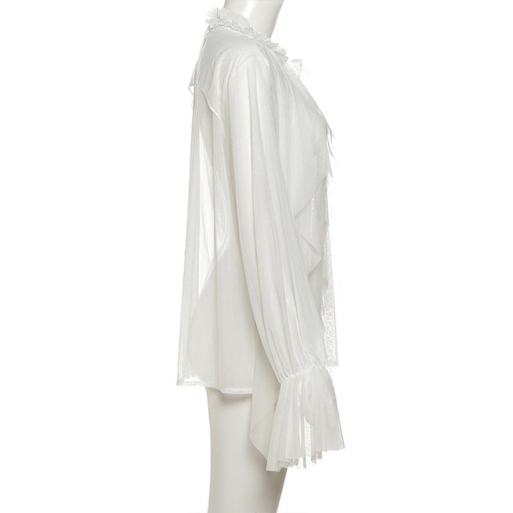 See through long sleeve ruffle crewneck top  | Festival Outfits Women