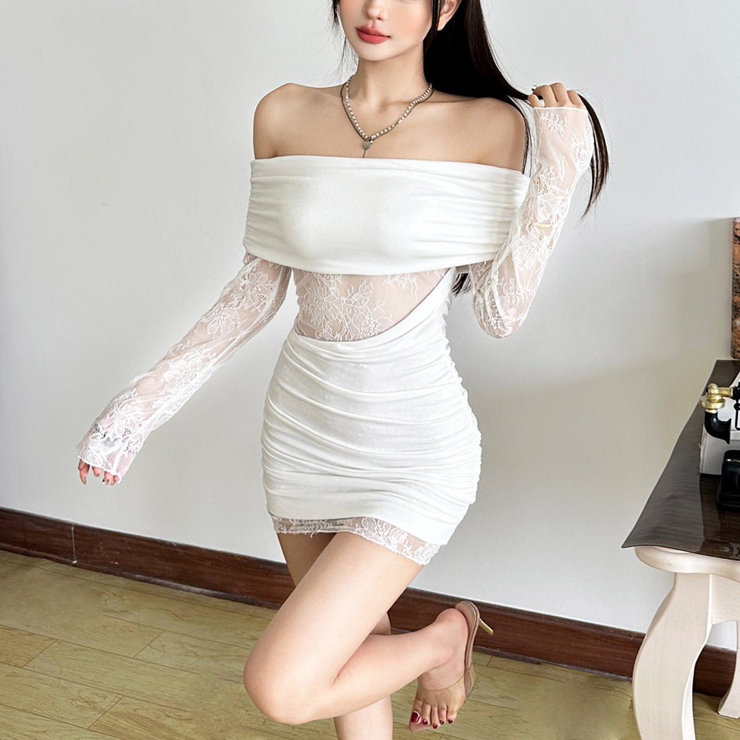 Off shoulder long sleeve lace ruched mini dress  | Festival Outfits Women