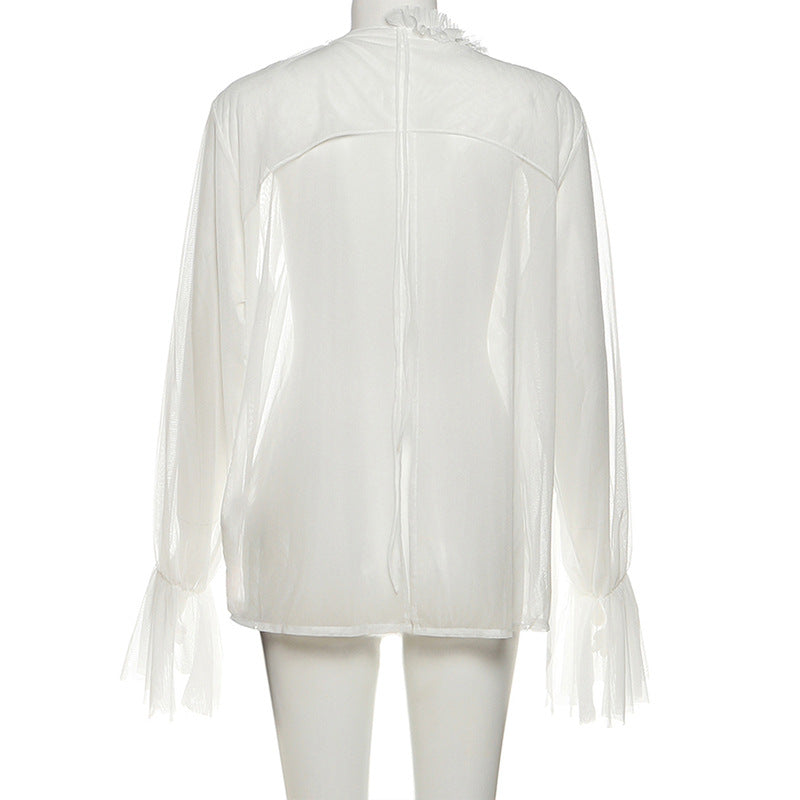 See through long sleeve ruffle crewneck top  | Festival Outfits Women