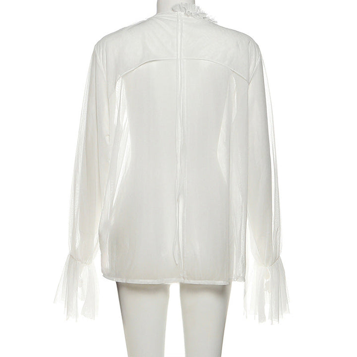 See through long sleeve ruffle crewneck top  | Festival Outfits Women