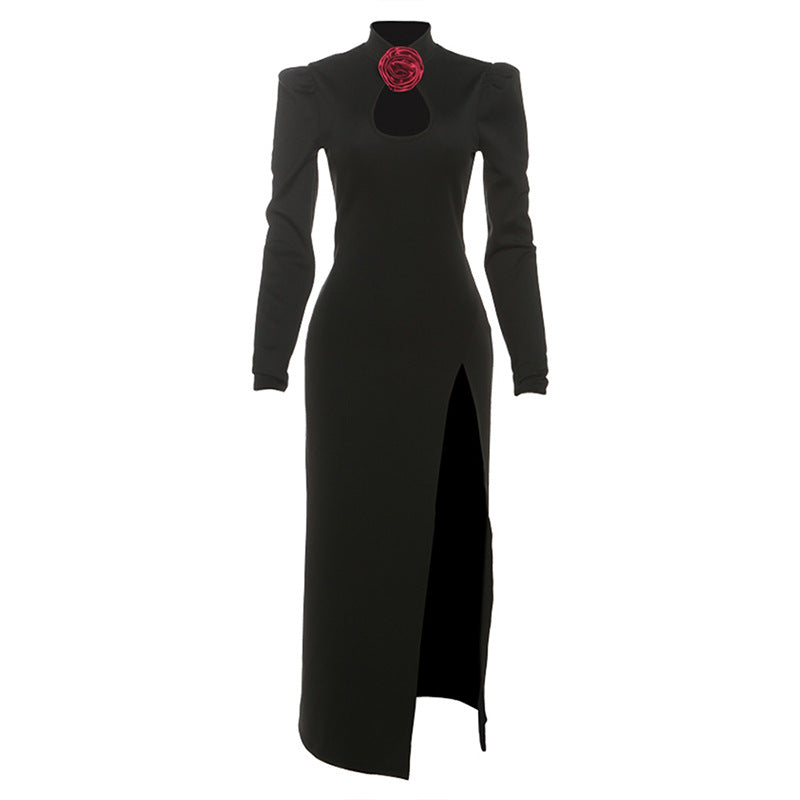 High slit flower applique long sleeve maxi dress  | Festival Outfits Women