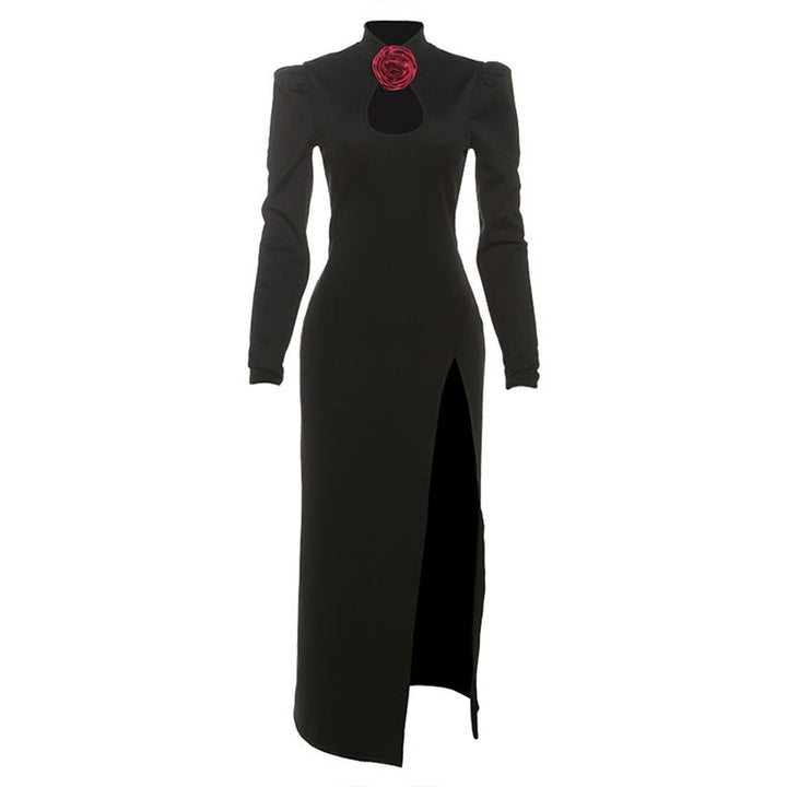 High slit flower applique long sleeve maxi dress  | Festival Outfits Women