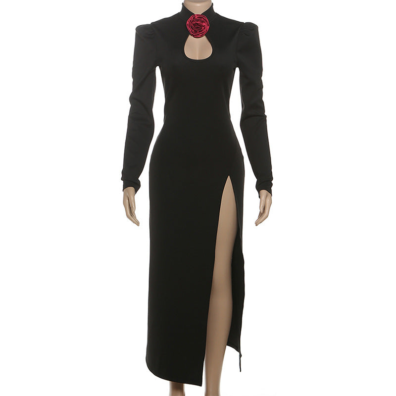 High slit flower applique long sleeve maxi dress  | Festival Outfits Women