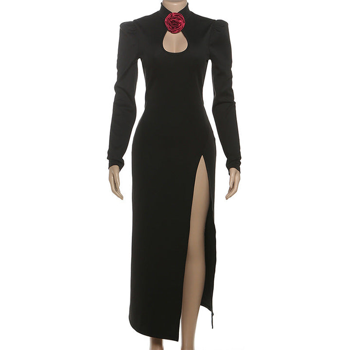 High slit flower applique long sleeve maxi dress  | Festival Outfits Women