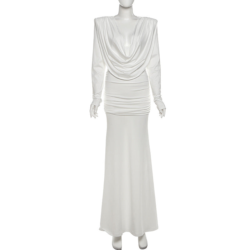 Long sleeve cowl neck ruched solid maxi dress  | Festival Outfits Women