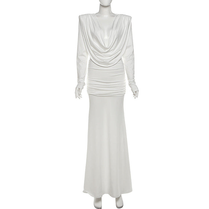 Long sleeve cowl neck ruched solid maxi dress  | Festival Outfits Women