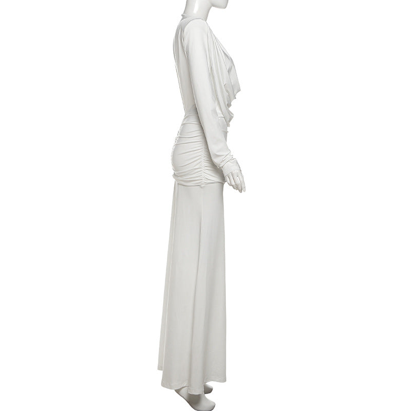 Long sleeve cowl neck ruched solid maxi dress  | Festival Outfits Women