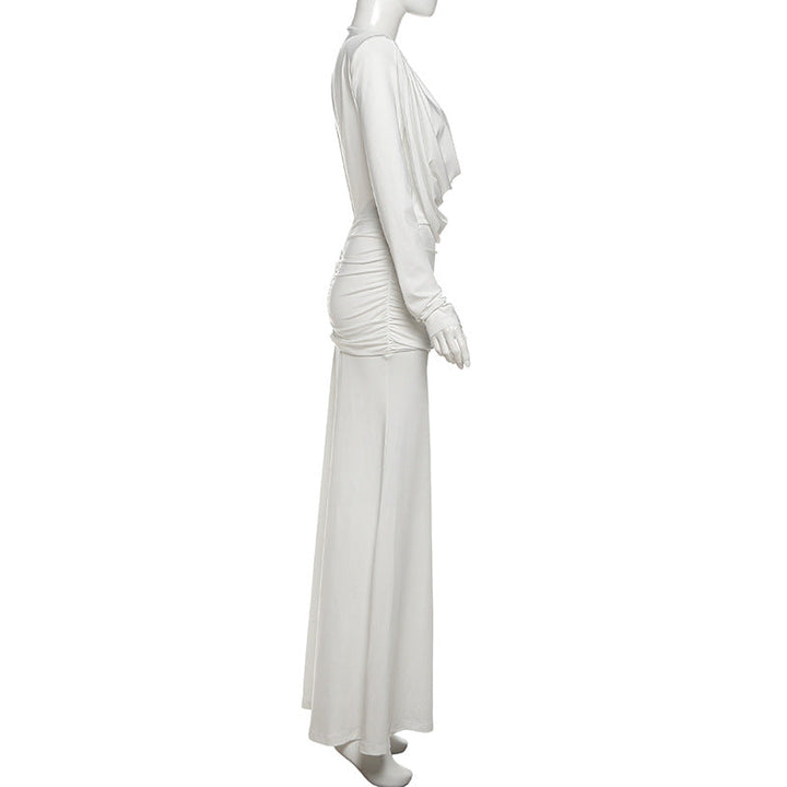 Long sleeve cowl neck ruched solid maxi dress  | Festival Outfits Women