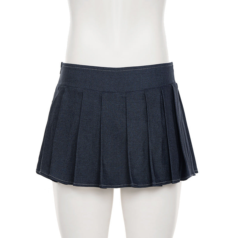 Pleated denim A line zip-up mini skirt  | Festival Outfits Women