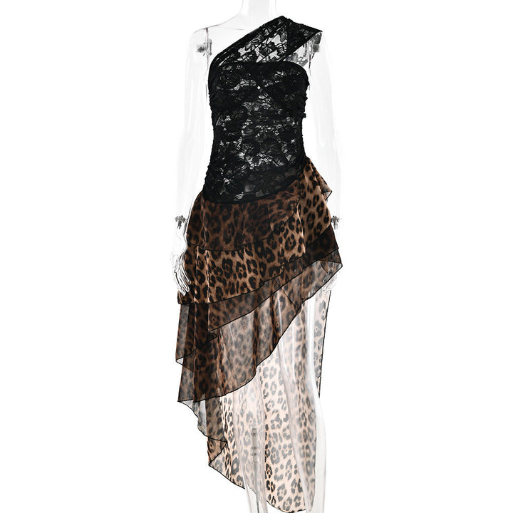 Leopard print irregular lace one shoulder mini dress  | Festival Outfits Women  | Leopard Print Mini Dress