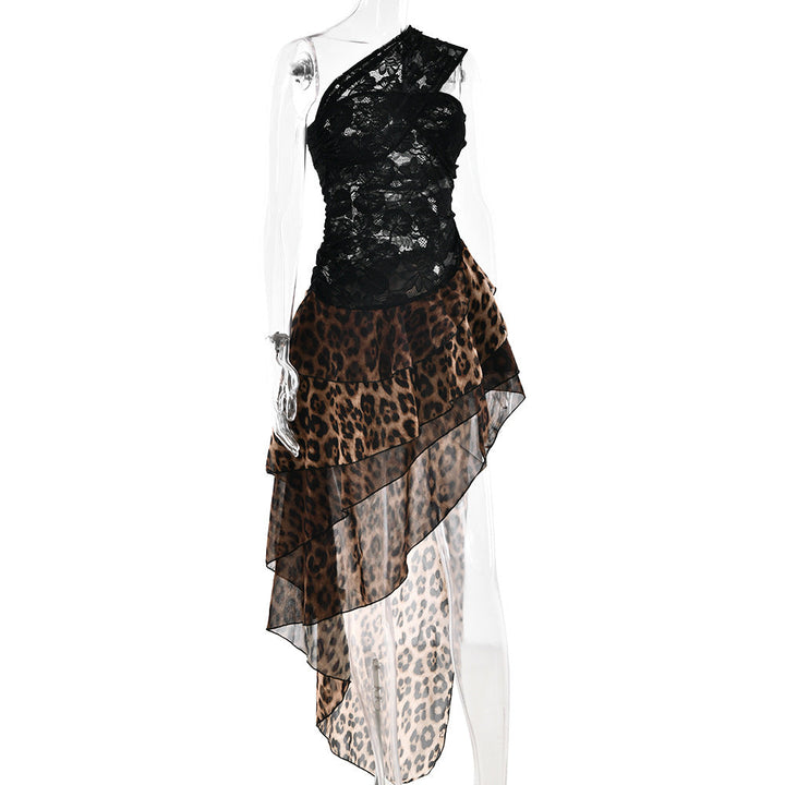 Leopard print irregular lace one shoulder mini dress  | Festival Outfits Women  | Leopard Print Mini Dress