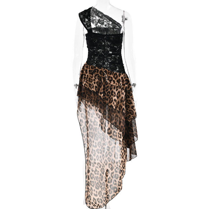 Leopard print irregular lace one shoulder mini dress  | Festival Outfits Women  | Leopard Print Mini Dress