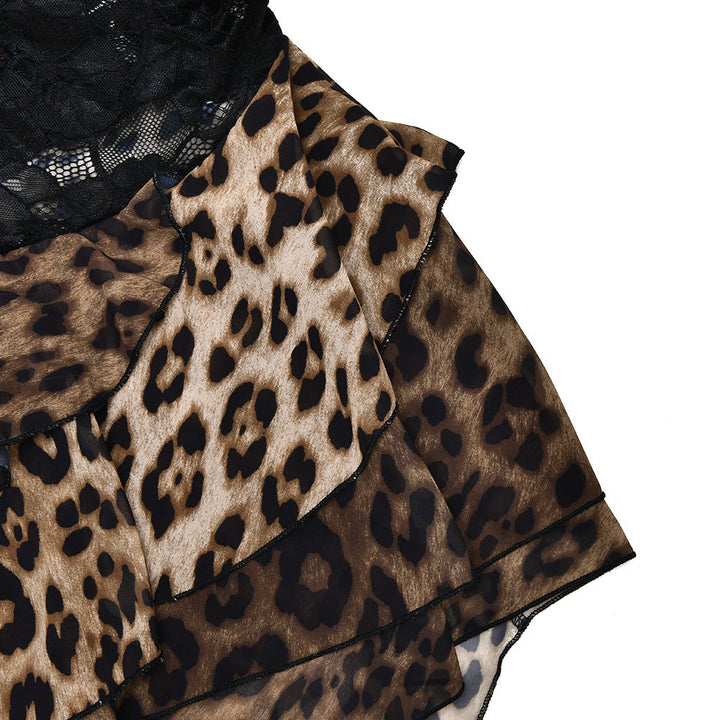 Leopard print irregular lace one shoulder mini dress  | Festival Outfits Women  | Leopard Print Mini Dress