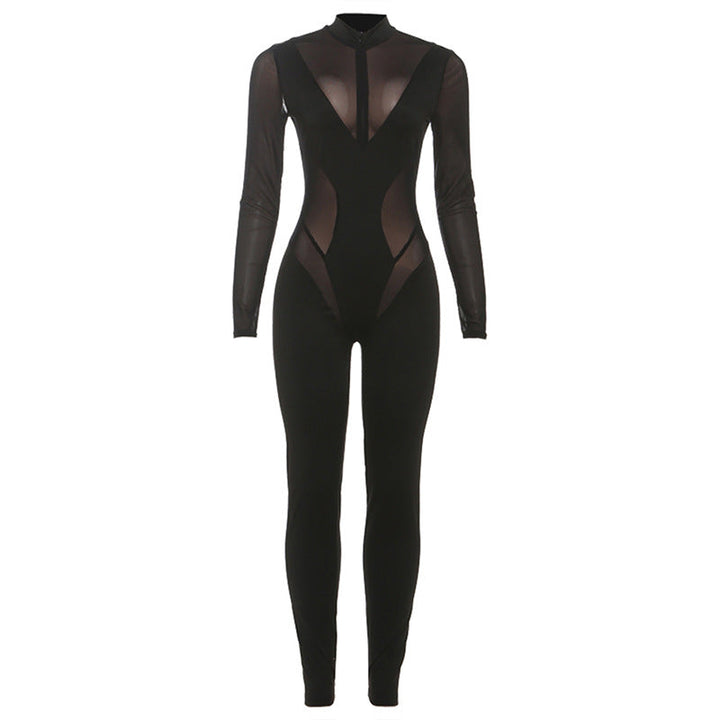 High neck long sleeve mesh patchwork jumpsuit  | Festival Outfits Women