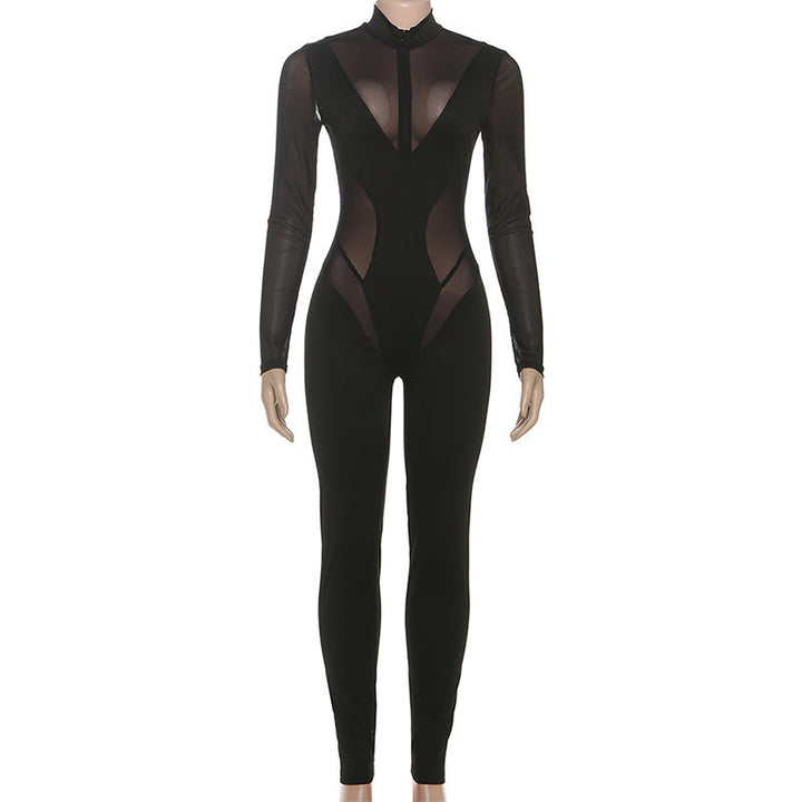 High neck long sleeve mesh patchwork jumpsuit  | Festival Outfits Women