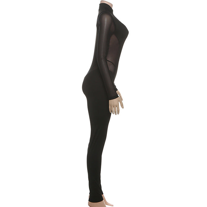 High neck long sleeve mesh patchwork jumpsuit  | Festival Outfits Women