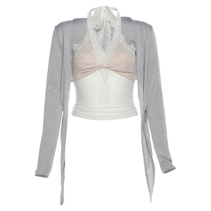 Halter long sleeve lace self tie 2 piece top  | Festival Outfits Women
