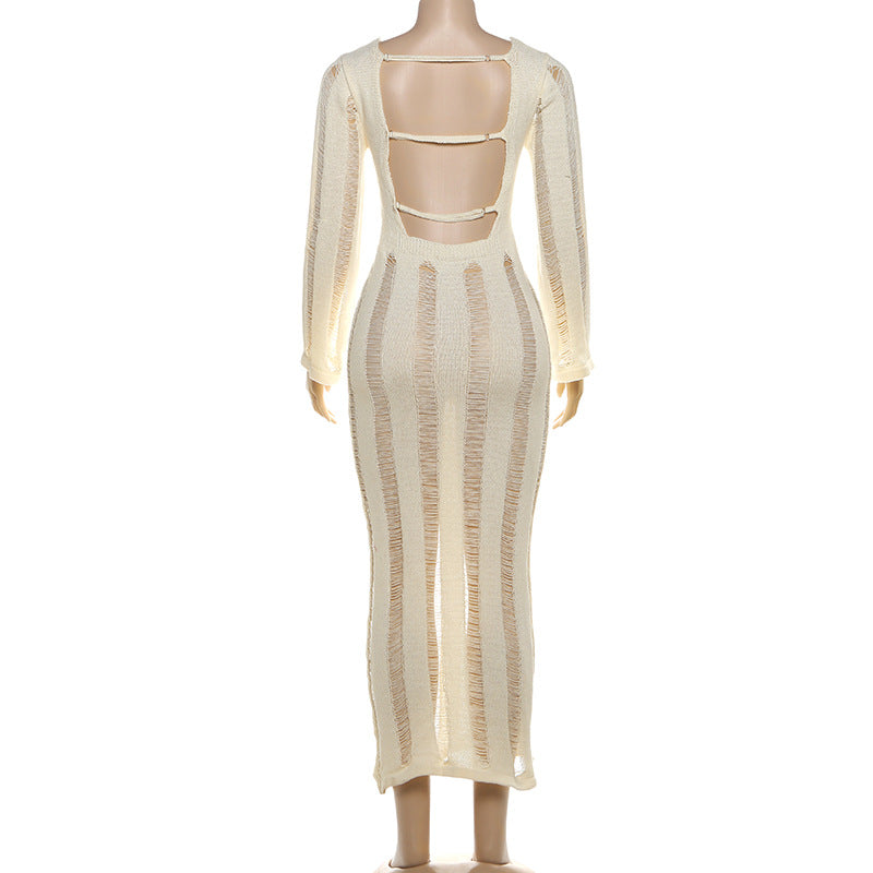 Long sleeve backless knitted hollow out cut out maxi dress  | Festival Outfits Women