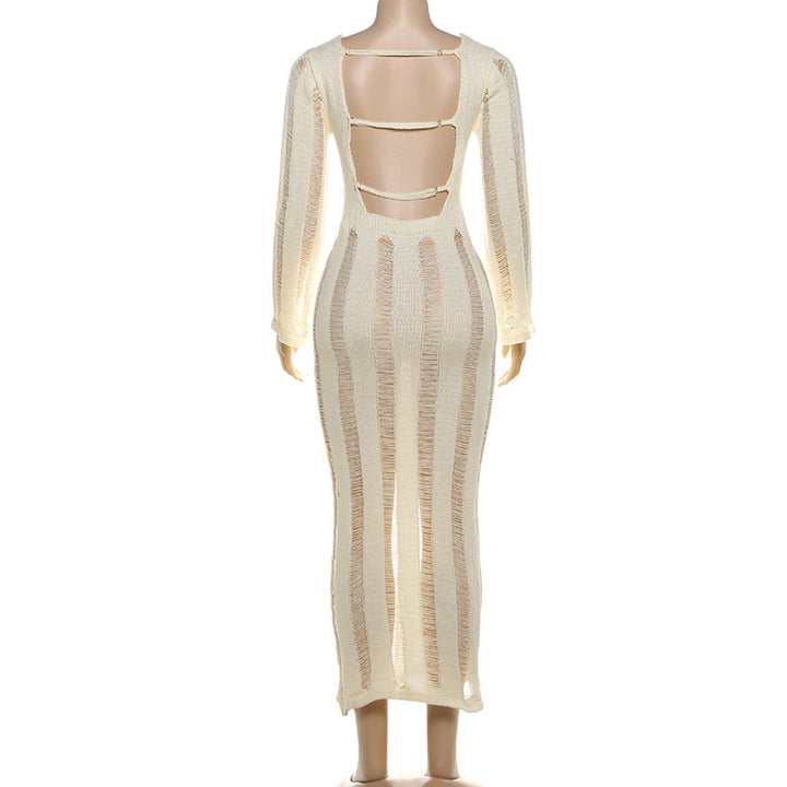 Long sleeve backless knitted hollow out cut out maxi dress  | Festival Outfits Women