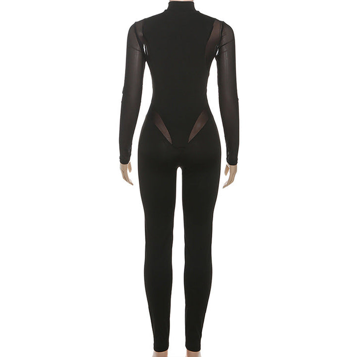 High neck long sleeve mesh patchwork jumpsuit  | Festival Outfits Women