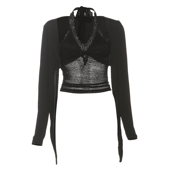 Halter long sleeve lace self tie 2 piece top  | Festival Outfits Women