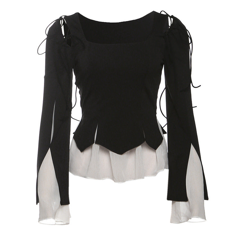 Long sleeve self tie ruffle top  | Festival Outfits Women