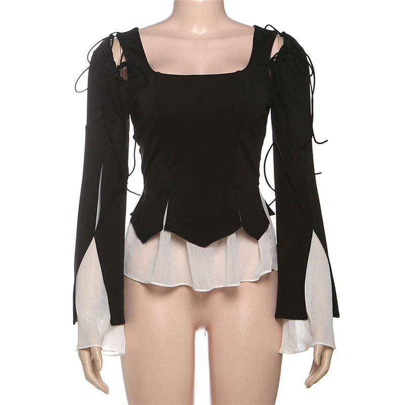 Long sleeve self tie ruffle top  | Festival Outfits Women