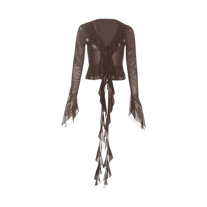 Long flared sleeve mesh ruffle top  | Festival Outfits Women
