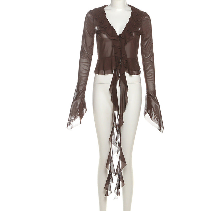 Long flared sleeve mesh ruffle top  | Festival Outfits Women