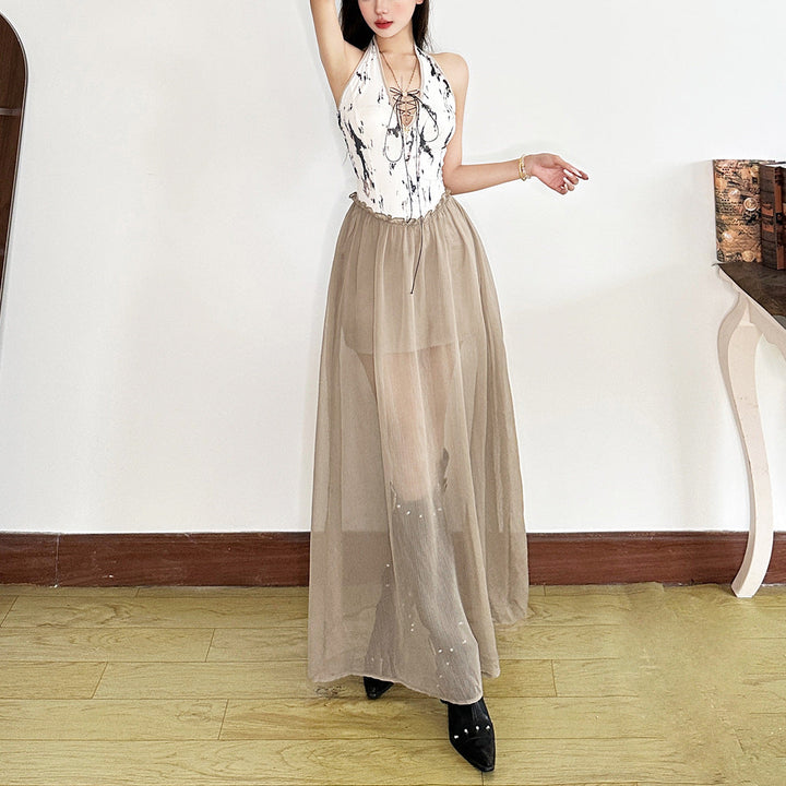 Halter v neck backless print ruffle maxi dress  | Festival Outfits Women
