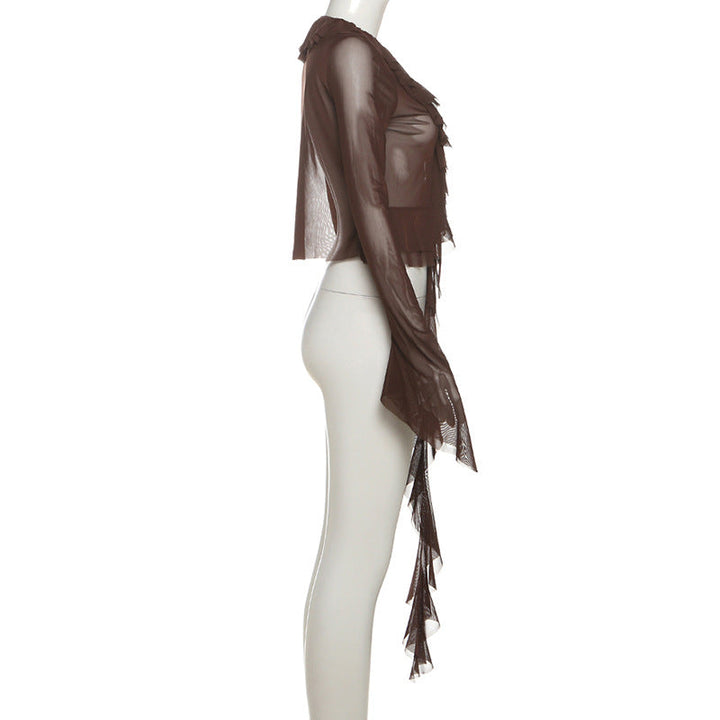 Long flared sleeve mesh ruffle top  | Festival Outfits Women