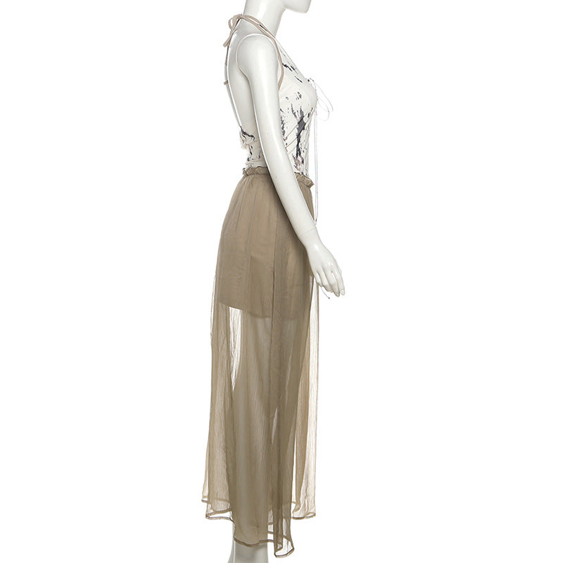 Halter v neck backless print ruffle maxi dress  | Festival Outfits Women