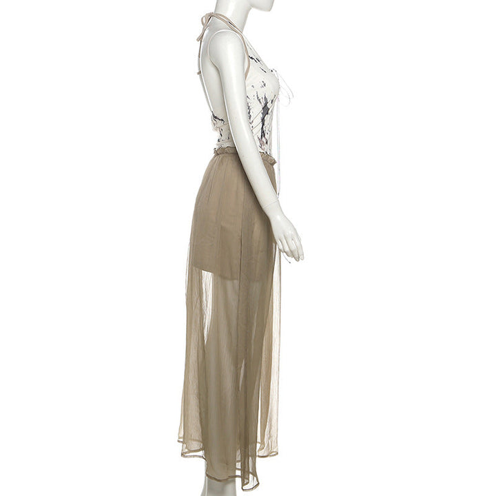 Halter v neck backless print ruffle maxi dress  | Festival Outfits Women