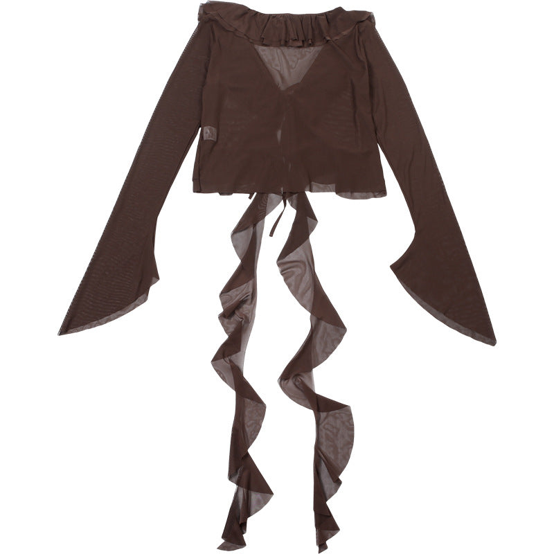 Long flared sleeve mesh ruffle top  | Festival Outfits Women