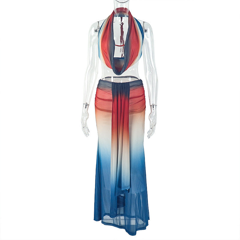 Cowl neck halter gradient backless maxi skirt set  | Festival Outfits Women