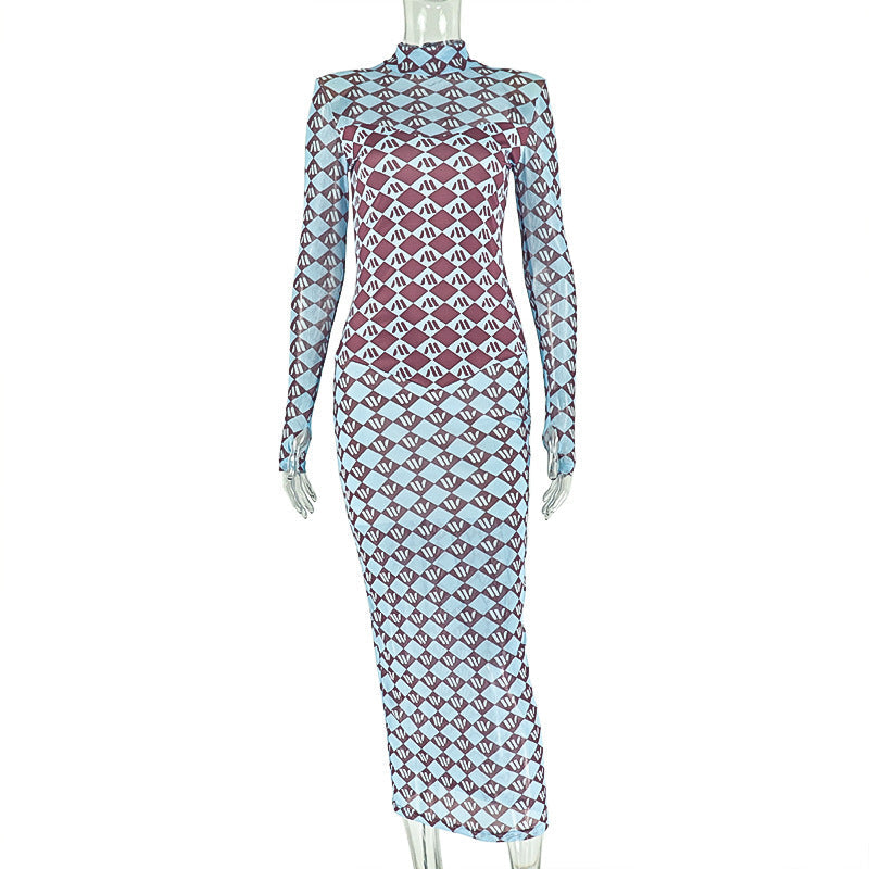 High neck long sleeve mesh print maxi dress  | Festival Outfits Women